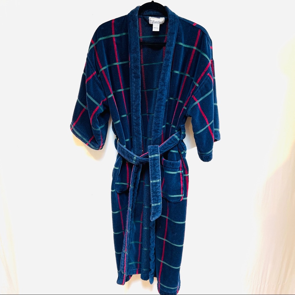 T.J.Lawford Men’s Robe  OS. Terrycloth. Blue Red Green  3/4 sleeves Tie Belt